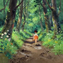 deep muddy forest on a sunny day walkway panorama, blooming, traditional gouache painting by chinese studio, disney studio, pixar and kyoto animation
