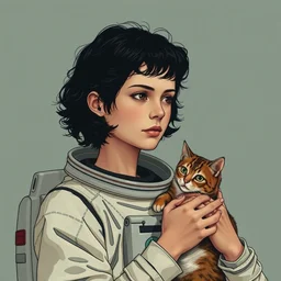a portrait of a young sigourney weaver from the movie alien, astronaut holding a cat, by shin hanga and kawanabe kyosai and katsuhiro otomo and shohei otomo and satoshi kon, and rossdraws and greg rutkowski weta studio and lucasfilm, coherent, behance, global illumination, golden ratio, flat colors, thick black outlined, woodblock print