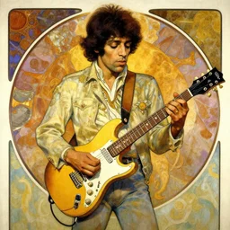 Jimy Hendrix playing electric guitar by Alfons Mucha, masterpiece