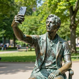 photo still of a bronze statue of a person using an iphone to take a selfie, park on a bright sunny day, 8 k 8 5 mm f 1 6 1 1 0 1