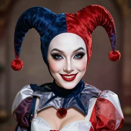 female jester assassin with a chelsea smile, highly detailed, 8 k, hdr, close up, smooth, sharp focus, high resolution, award - winning photo, artgerm