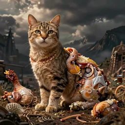cat mix with chicken body parts in fantasy art style
