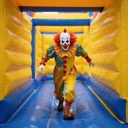 chased by a creepy clown in an endless corridor made of bouncy castle