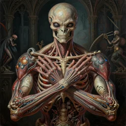 Elden Ring and Guyver themed painting of symmetrical torso alien dissection anatomy with crossed hands concept, intricate artwork by H.R. Giger, Johnatan Wayshak, Zdizslaw Beksinski, Ayami Kojima, Amano, Karol Bak, Moebius, and Mark Brooks, Neo-Gothic, gothic, rich deep colors, art by Takato Yamamoto, masterpiece, face by Artgerm, very coherent artwork, cinematic, hyper realism, high detail, octane render, unreal engine, 8k, High contrast, golden ratio, trending on cgsociety