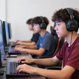 a close up, colored, teenager room photograph of a group of gamer having a lan party with warm lightning, wide - angle lens, soft focus