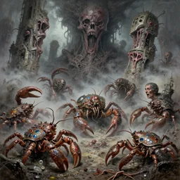 fine art airbrush varied muck jeweled, filthy rugated armored crustaceans clawing & terrified as massive brutalist structures, claustrophobic cilia sporing pox, evil fog, final battle removal, clustered horror, by virgil finlay, vincente b ballestar, by francesco blanc, geof darrow, bisley, b wolverton & by