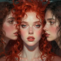 wet beautiful face of a woman with red curly submerged in water and Casey Weldon and Chie Yoshii, particulate, water bubbles, rich colors, intricate, elegant, highly detailed, centered, digital painting, artstation, concept art, smooth, sharp focus, illustration, octane render
