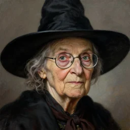 granny weatherwax, an old lady, a witch, without glasses, with a wise but piercing expression. she is dressed in a black witch hat. beautiful painting with highly detailed face by greg rutkowski and magali villanueve