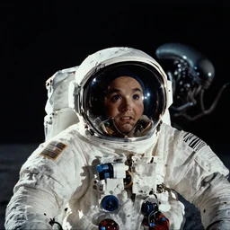 moon landing, astronauts, apollo 1 1, xenomorph alien the background, high definition, grainy footage, close up