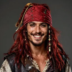 portrait of a young ruggedly handsome but joyful pirate, male, masculine, upper body, red crimson hair, long long flowing hair, fantasy, proud grin, intricate, elegant, highly detailed, digital painting, artstation, concept art, matte, sharp focus, illustration, art by artgerm and greg rutkowski and alphonse mucha