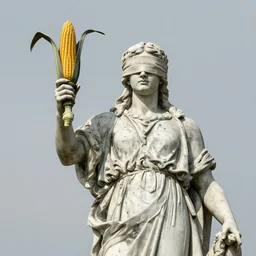 statue of blindfolded man holding cornucopia