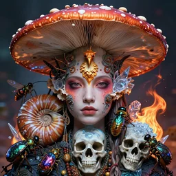 psychedelic shaman close-up portrait. amanita muscaria phoenix head, nautilus, insect, skull, ice and fire, bioluminiscent creatures, intricate artwork by Tooth Wu and wlop and beeple. octane render, trending on artstation, greg rutkowski very coherent symmetrical artwork. cinematic, hyper realism, high detail, octane render, 8k