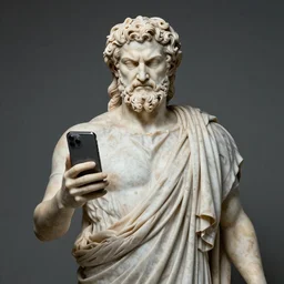 Ancient Greek statue of Zeus looking angrily at his iPhone