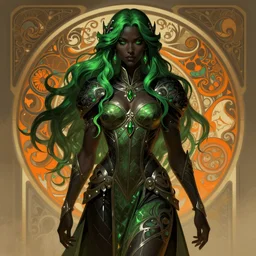 black aristocrat, green black orange color palette, female, d & d, fantasy, intricate, elegant, highly detailed, long green hair, digital painting, artstation, octane render, concept art, matte, sharp focus, illustration, hearthstone, art by artgerm, alphonse mucha johannes voss