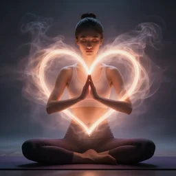 a beautiful heart on a yoga person glowing with love, ultrarealistic motionblur surrounding it with smoke