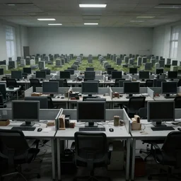an office room stands empty its rows of desks like gravestones in a field the computer screens are dark the chairs are cold and hard this is a place where dreams go to die there is no life here no laughter or love only the sound of silence and the memories of what could have been this is a place where hopes are crushed and ambitions are left to rot it's a soulless place where the only thing that thrives is the never - ending cycle of despair
