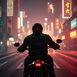 an atmospheric lighting illustration of the back of a biker in the foreground centered while riding in a cyberpunk jeddah city at night in neon lights by john alvin render octane cyberpunk glowing particles