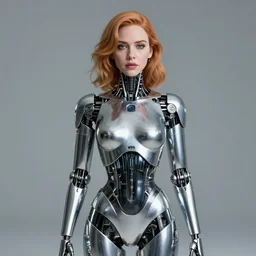 beautiful centered Fine art photo portrait of distracted Christina Hendricks as a solarpunk robotic humanoid, chrome mechanical parts with led lights, photorealistic, white background, highly detailed and intricate, sunset lighting, HDR 8k