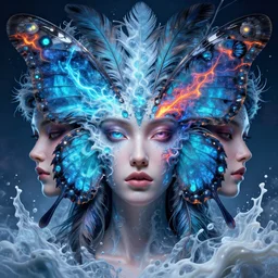 3 d goddess butterfly face portrait, face in the center, beautiful intricate highly detailed quetzalcoatl feathers. bioluminescent, plasma, lava, ice, milk, galaxy, artwork by tooth wu and wlop and beeple and greg rutkowski, 8 k trending on artstation, volumetric lighting