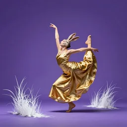 the void, emptiness, purple light, gold satin, a rabbit, contemporary dance, grass, white ink, leather, minimalist, surrealism