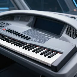 roland keyboard synthesizer built into a spaceship dashboard, modern sleek design, photo, 2024 magazine