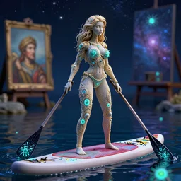 bikini girl bioluminescent bacteria in water paddleboarding at night by highway man painting, stars, galaxies, photorealistic, high resolution, vray, hdr, hyper detailed, insane details, intricate, elite, ornate, elegant, luxury, dramatic lighting, octane render, weta digital, micro details, 3 d sculpture