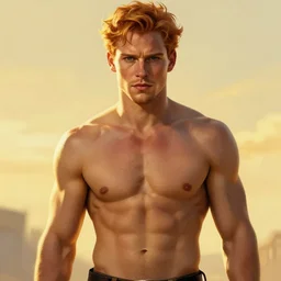 Christina Hendricks as a ruggedly handsome hero staring into the camera, extreme muscles, six-pack, golden hour, intricate, elegant, highly detailed, centered, digital painting, artstation, concept art, smooth, sharp focus, illustration, artgerm, donato giancola, Joseph Christian Leyendecker, WLOP, Boris Vallejo, Artgerm