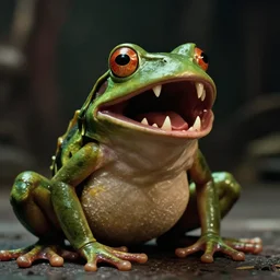 A single anthropomorphic frog with a mouth full of sharp teeth laughing maniacally, a satanic ritual, by John Carpenter. Movie screenshot directed by Stephen Spielberg, and cinematography by Roger Deakins. Shot from a low angle. Cinematic.