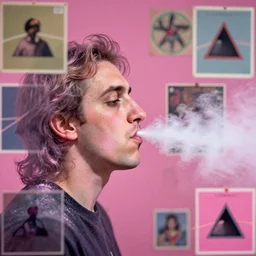 picasso snorting a line of pixie dust in a fragmented haze of pink floyd album covers