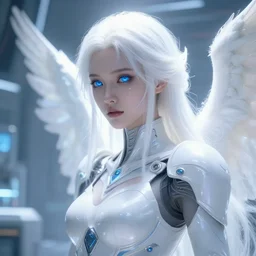 perfect white haired girl, warframe armor, beautiful, dreamy, pretty face, blue cyborg eyes, goddess, bright light, scifi, futuristic laboratory, ultra realistic, intricate, glow, angel,, extreme details, focused, masterpiece, art by seunghee lee, blair armitage