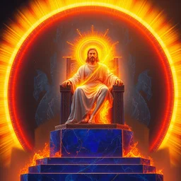 a throne made of blue lapis lazuli. and on this throne high above was a figure whose appearance resembled a man. from what appeared to be his waist up, he looked like gleaming amber, flickering like a fire. and from his waist down, he looked like a burning flame, shining with splendor. all around him was a glowing halo, like a rainbow shining in the