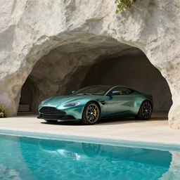 Aston Martin in modern cave Next to the pool,digital art,ultra realistic,ultra detailed,art by greg rutkowski