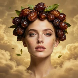 epic portrait of beautiful female face supermodel portrait wearing brown dates fruit crown, tea leaves fractals flying in sky by amy leibowitz, wlop, jeremy lipkin, beeple, intricate, artgerm, ilya kuvshinov, golden clouds background