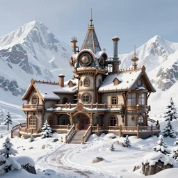 a huge steampunk mansion in the snow deep in the himalayan mountains. 4 k octane render.