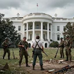 lumberjack and soldiers with shotgun and rifles exploring destroyed white house, cloudy day, light through windows, hyperdetailed, artstation, cgsociety, 8 k