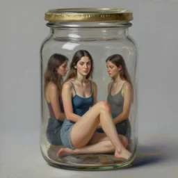 tiny realistic proportioned woman sitting inside a jar. beautiful detailed painting by artgerm and magali villanueve and michael whelan