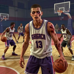 highly detailed portrait teenager rotting zombie basketball players in gta v, playing at a basketball court, stephen bliss, unreal engine, fantasy art by greg rutkowski, loish, rhads, ferdinand knab, makoto shinkai and lois van baarle, ilya kuvshinov, rossdraws, tom bagshaw, global illumination, detailed and intricate environment