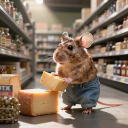 a realistic mouse in pants buying cheese in a supermarket