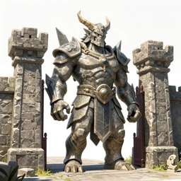 a stone giant guards the village gates, concept art, beautiful design, sharp, fantasy aesthetic, highly detailed, artgerm, trending on artstation, award - winning,