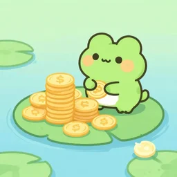 a stack of gold coins on a lily pad, a cute kawaii frog is counting the coins, the lily pad is sinking, cute cartoon drawing