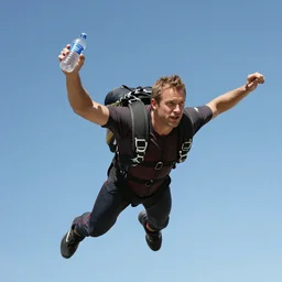 man holding his bottle of water while flying his jetpack high in the sky, highly detailed