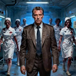 sean connery in hellraiser. police detective in a brown messy suit. world weary, horror, gloomy. grime, dirt, motor oil. bloody zombie nurses hobbling in the dilapidated hospital. blue glow. oil painting, highly detailed, centered, digital painting, artstation, concept art, smooth, sharp focus, illustration, artgerm, tomasz alen kopera, peter mohrbacher, donato giancola, joseph christian leyendecker, zdzisław beksinski, drew struzan, hell demons