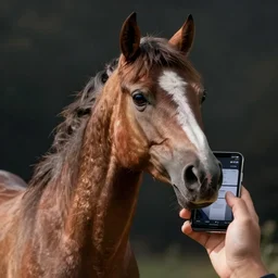 a photorealistc horse character is demonstrating the smartphone