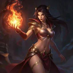 The sorceress casting a fire ball, league of legends. She has tiny abdomen & inflated hips body, sharp face and eyes. Full body realistic, sharp focus, 8k high definition, insanely detailed, intricate, elegant, smooth, sharp focus, illustration, ArtStation, art by 100% Hearthstone