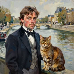 high quality high detail painting by lucian freud, hd, ewan mcgregor painting by river seine dressed as a gentleman in paris at early 2 0 th century. brown cat with him