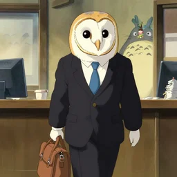 barn owl in a black suit wearing an office bag going to the office,drawn by Hayao Miyazaki and Beatrix Potter, highly detailed,anime, anime shot,anime colours, inspired by my neighbor totoro 1988