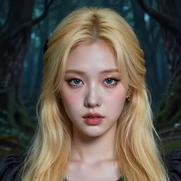beautiful hyper realistic photograph of pretty blonde korean girl alice, alice in wonderland, dj sura face, close up portrait, artgerm, ilya kuvshinov 8 k, in a haunted forest