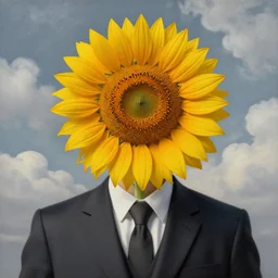 portrait of a faceless sunflower - head man in a suit, clouds in the background, by rene magritte, detailed painting, distance, centered, hd, hq, high resolution, high detail, 4 k, 8 k