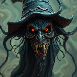 photo of terrifying witch, hyper detailed, flowing background, intricate and detailed, trippy, 8 k, octane render