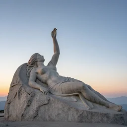 a detailed colossal magnificent stone sculpture carved from the top of a massive mountain of an elegant woman lying flat on the ground with one hand raised to the sky, fine detail, sunrise on the horizon in the background, stone hand raised up, 8 k, in the style of pascal blanche and sparth juan raphael lacoste paul pepera pablo roldan